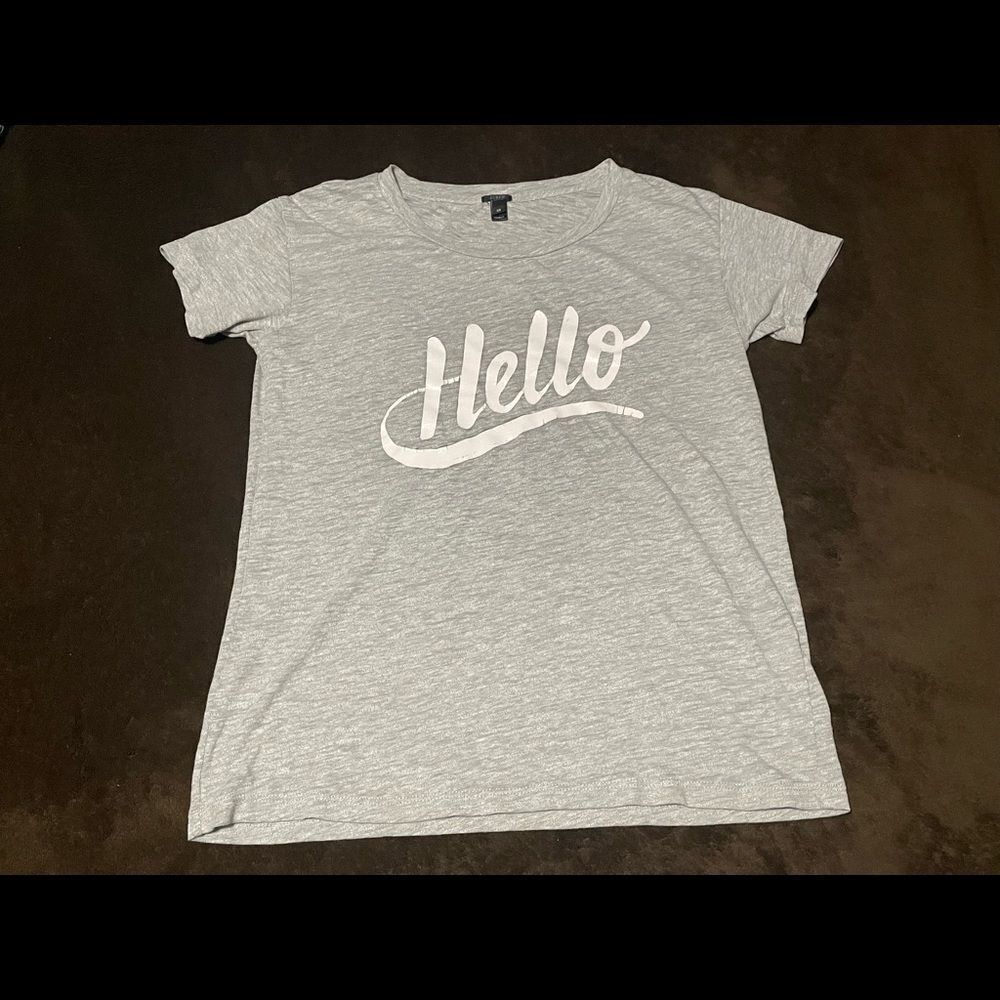 J Crew Hello graphic tee grey size xs fits bigger good condition cracking letter